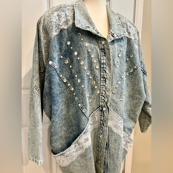 Jackets & Blazers - Vintage 80s acid wash oversized denim jean jacket - lace and rhinestones size M